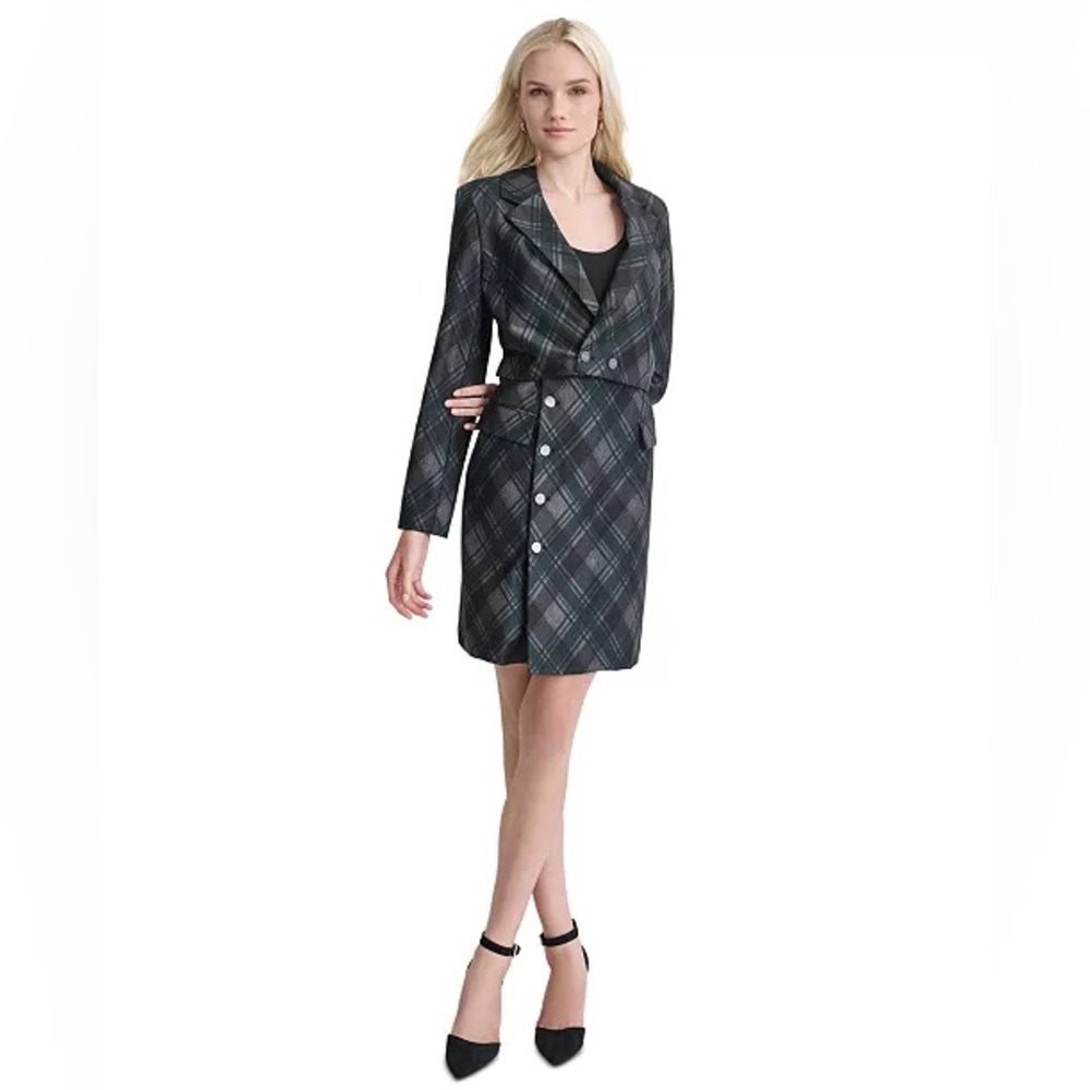 DKNY Plaid-Print Notch-Collar Blazer Dress Size